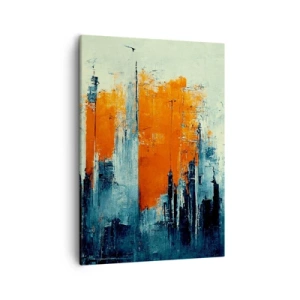 Obraz na płótnie - Abstrakcyjne wieżowce w odcieniach pomarańczu i granatu - 50x70cm - Pejzaż nowoczesny - Nowoczesna dekoracja ścienna do salonu, kuchni i sypialni ARTTOR
