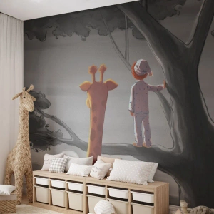 Fototapeta Premium Sand - Chłopiec w piżamie i żyrafa na drzewie podczas wschodu słońca - 100x70cm - To się naprawdę dzieje - Nowoczesna dekoracja ścienna do salonu, kuchni i sypialni ARTTOR