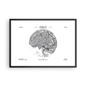 Plakat w czarnej ramie - Mapa Oslo w minimalistycznym, czarno-białym stylu - 70x50cm - Anatomia Oslo - Nowoczesna dekoracja ścienna do salonu i sypialni ARTTOR