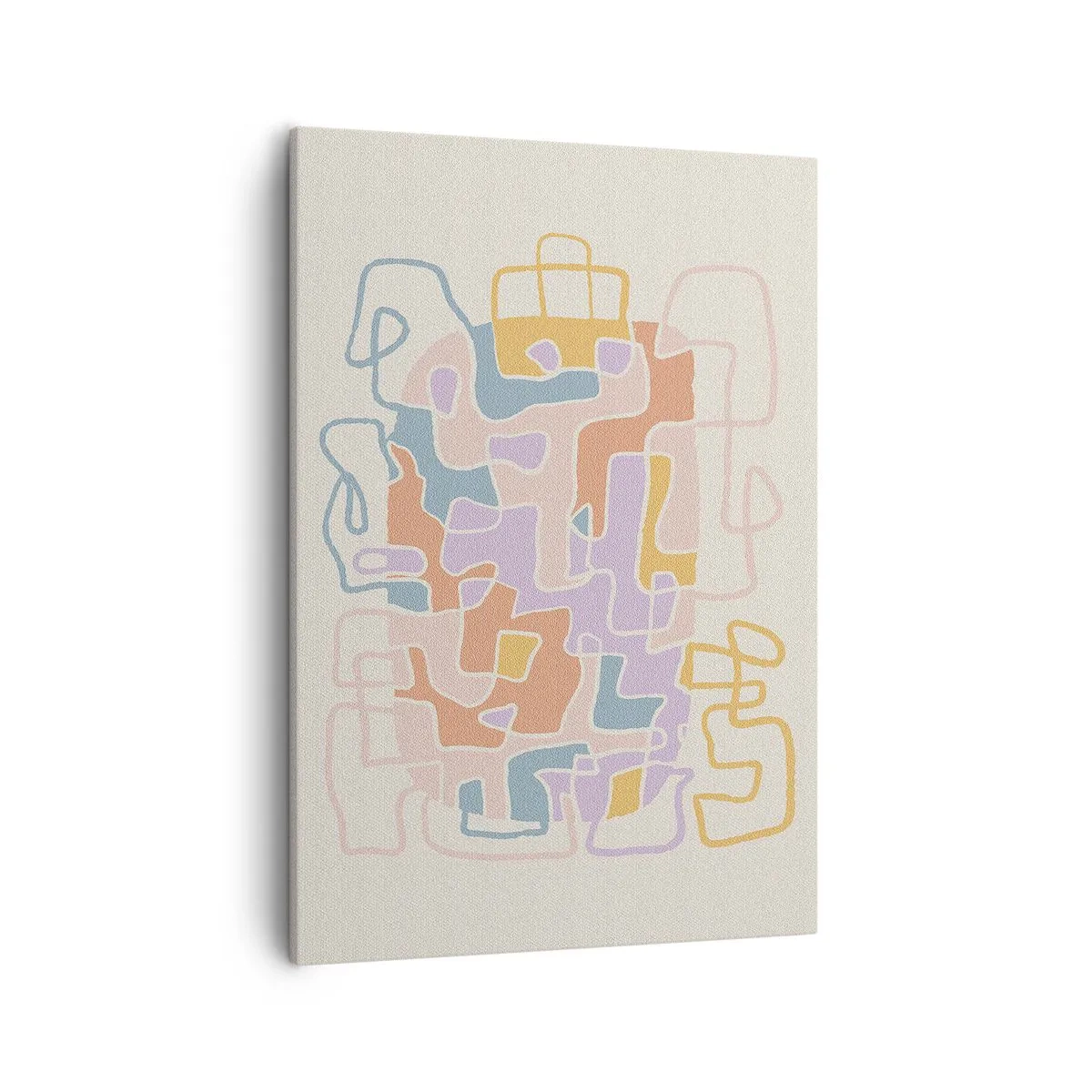 Obraz na płótnie - Abstrakcyjna kompozycja pastelowych kształtów i linii na jasnym tle - 50x70cm - Labirynt – radosna przygoda - Nowoczesna dekoracja ścienna do salonu, kuchni i sypialni ARTTOR