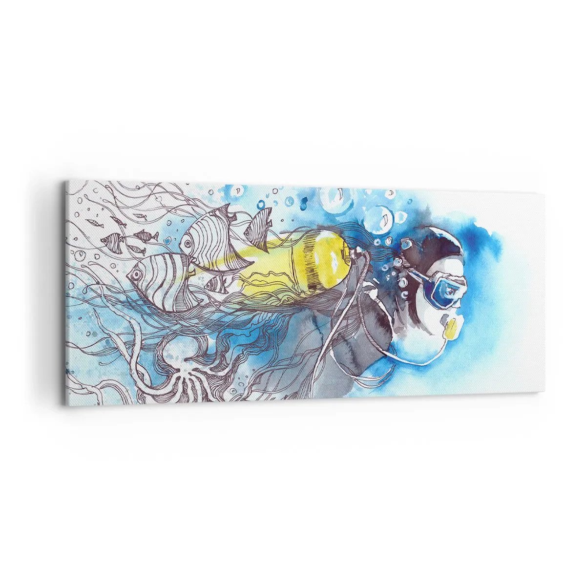 Obraz na płótnie - Podwodna scena z nurkiem i egzotycznymi rybami - 120x50cm - Wielki błękit - Nowoczesna dekoracja ścienna do salonu i sypialni ARTTOR