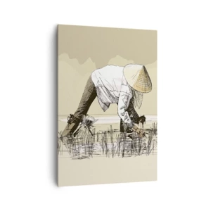 Obraz na płótnie - Pracujący rolnicy w polu ryżowym z tradycyjnymi nakryciami głowy - 70x100cm - Udanych zbiorów - Nowoczesna dekoracja ścienna do salonu i sypialni ARTTOR