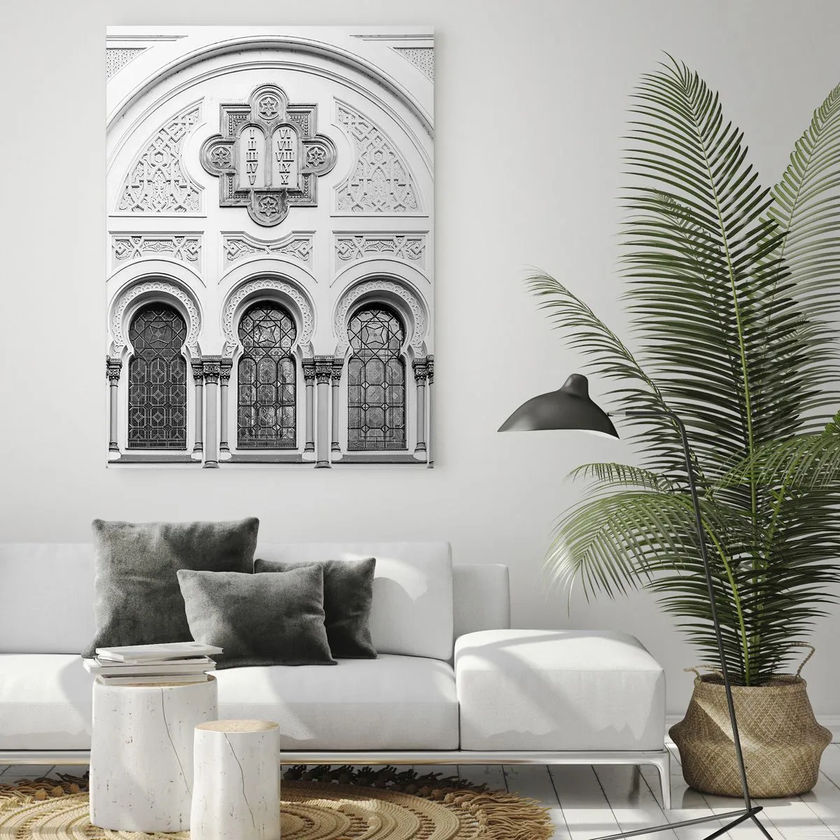 Obraz na szkle - Architektoniczne detale fasady w monochromatycznym stylu - 70x100cm - Na pograniczu kultur - Nowoczesna dekoracja ścienna do salonu i sypialni ARTTOR