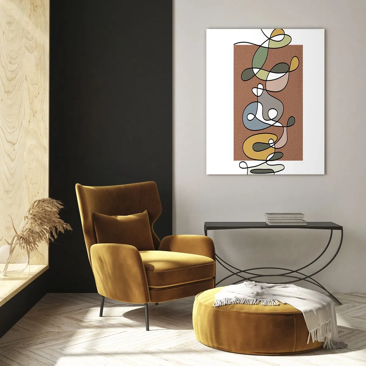 Obraz na szkle - Kolorowa abstrakcja z czarną linią na brązowym tle - 50x70cm - Abstrakcja warta uśmiechu - Nowoczesna dekoracja ścienna do salonu, kuchni i sypialni ARTTOR
