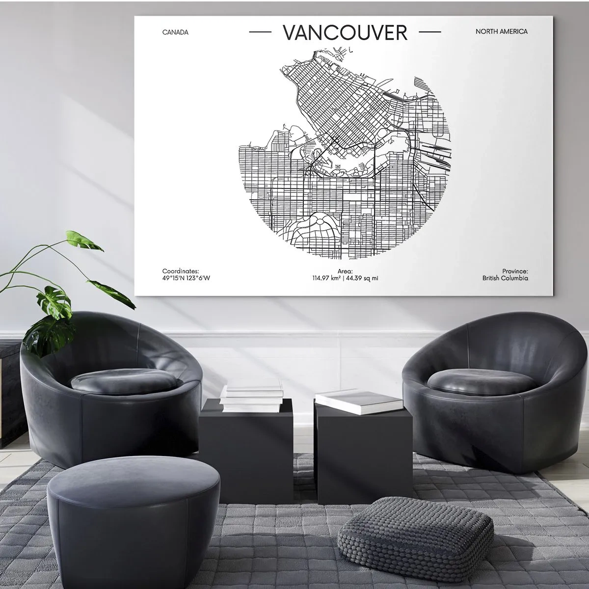 Obraz na szkle - Mapa Vancouver z układem ulic w czarno-białym stylu - 70x50cm - Anatomia Vancouver - Nowoczesna dekoracja ścienna do salonu i sypialni ARTTOR