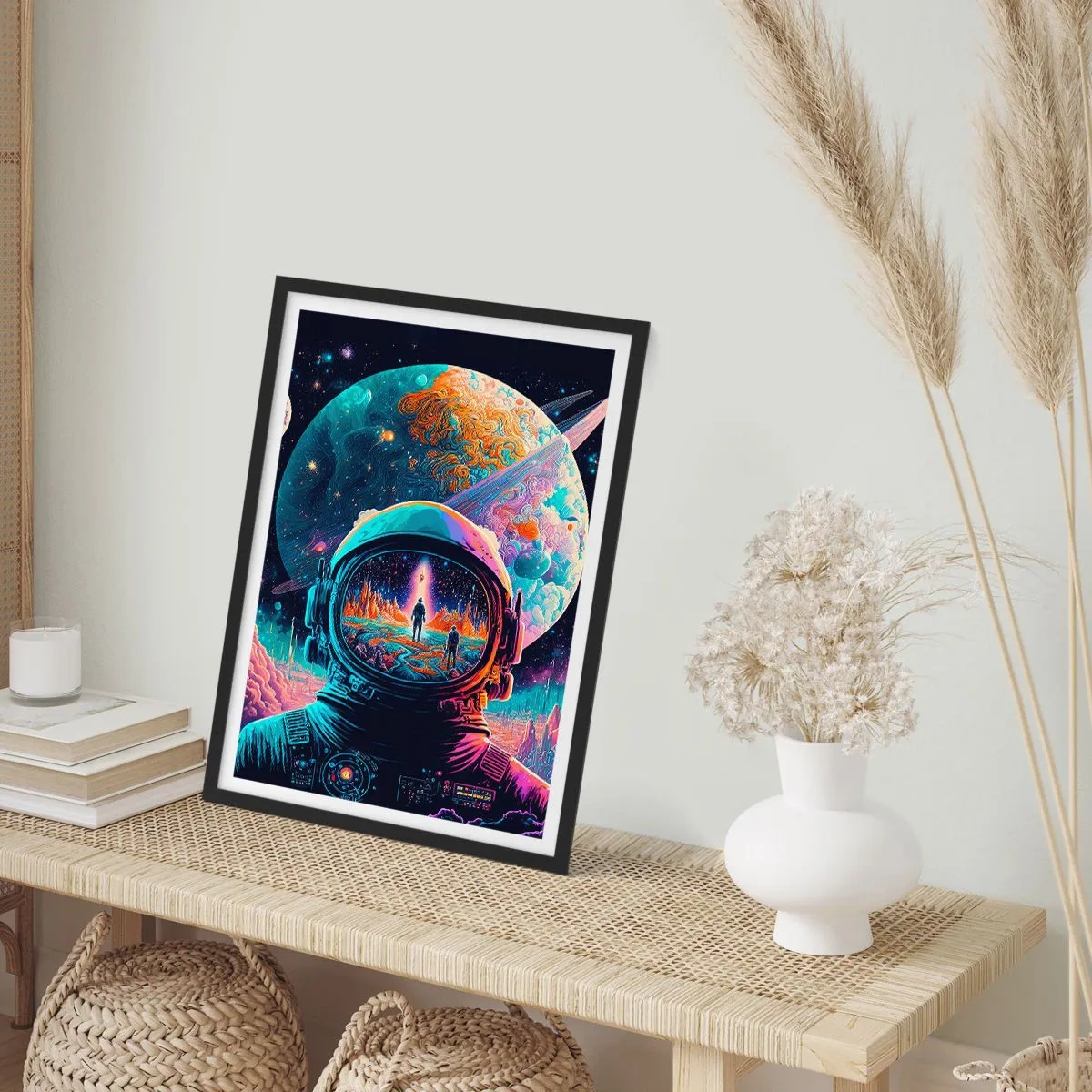 Plakat w czarnej ramie - Astronauta na tle kosmicznego krajobrazu - 50x70cm - Filozofom się nie śniło - Nowoczesna dekoracja ścienna do salonu i sypialni ARTTOR