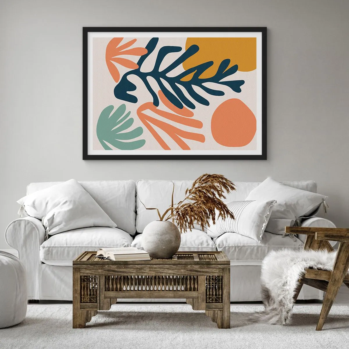 Plakat w czarnej ramie - Kolorowe liście w abstrakcyjnym stylu - 70x50cm - Koralowe morza - Nowoczesna dekoracja ścienna do salonu i sypialni ARTTOR