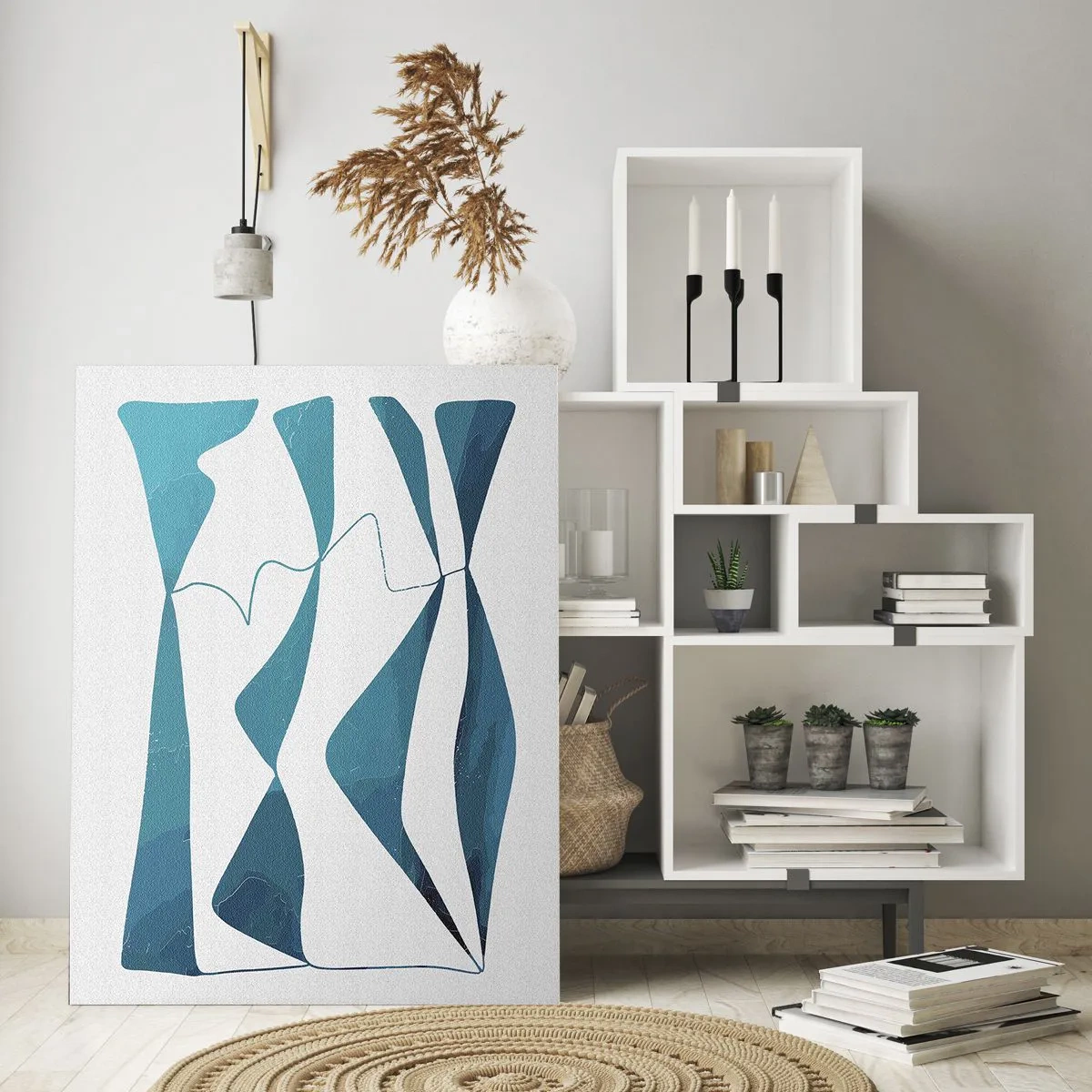 Obraz na szkle - Abstrakcyjne kształty w odcieniach błękitu na białym tle - 70x100cm - Abstrakcja: turkusowy związek - Nowoczesna dekoracja ścienna do salonu i sypialni ARTTOR