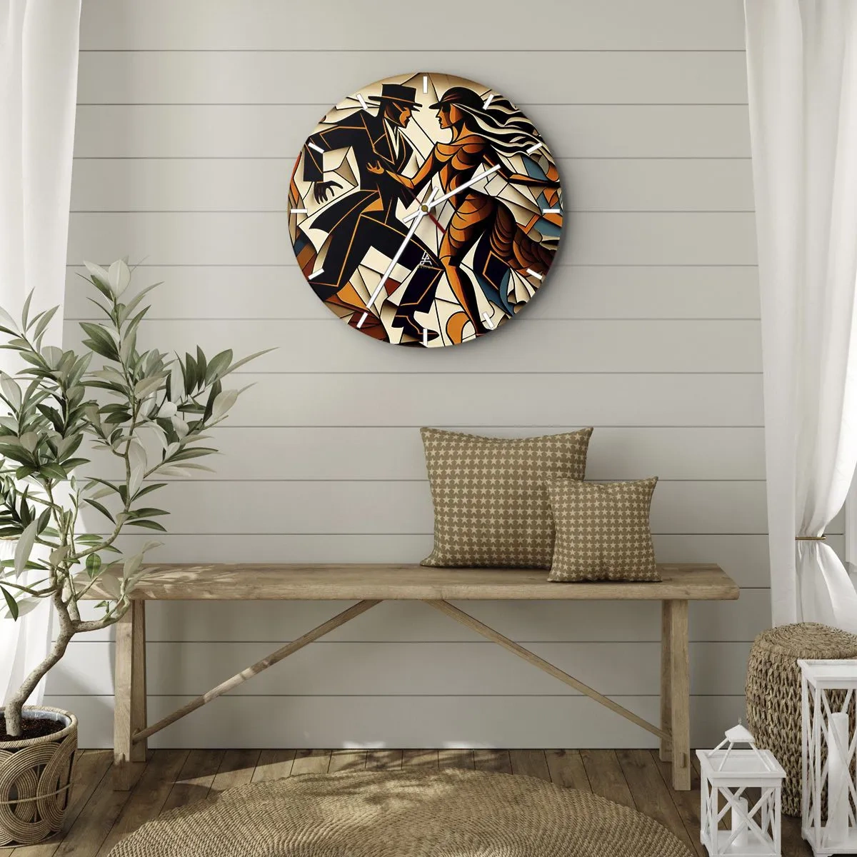 Zegar ścienny - Para tańcząca w stylu art déco w ciepłych odcieniach - 30x30cm - Taniec pasji i namiętności - Nowoczesna dekoracja ścienna do salonu, kuchni i sypialni ARTTOR