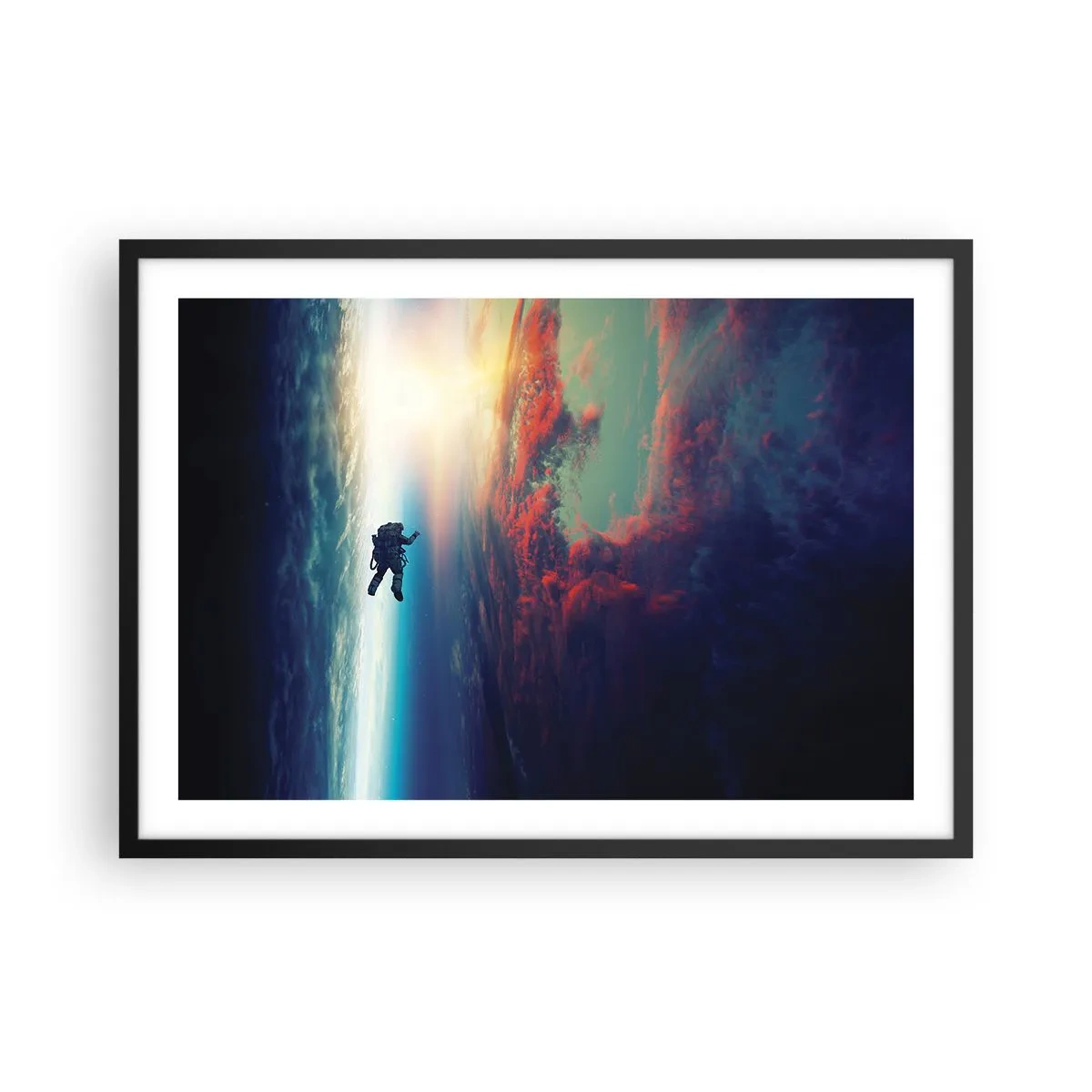 Plakat w czarnej ramie - Astronauta unoszący się w kosmosie nad kolorową Ziemią - 70x50cm - Mierzyć się ze wszechświatem - Nowoczesna dekoracja ścienna do salonu i sypialni ARTTOR