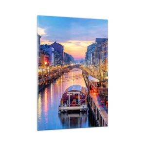 Obraz na szkle - Kanał z oświetleniem w otoczeniu kolorowych budynków - 80x120cm - Wieczór światła i zabawy - Nowoczesna dekoracja ścienna do salonu i sypialni ARTTOR