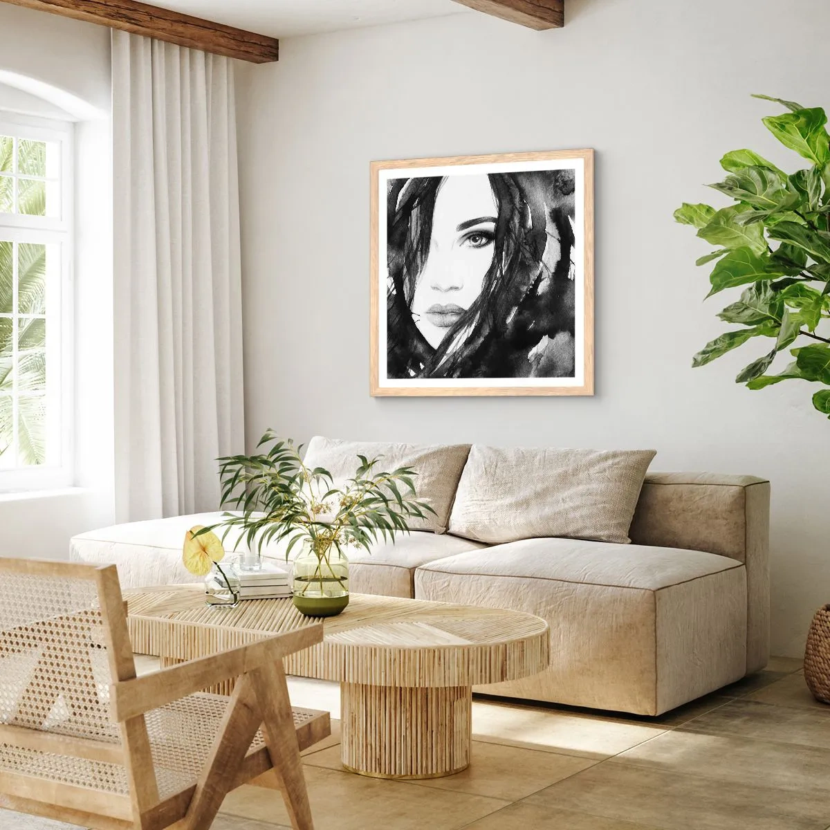 Plakat w ramie jasny dąb - Portret damy w czerni i bieli - 50x50 cm