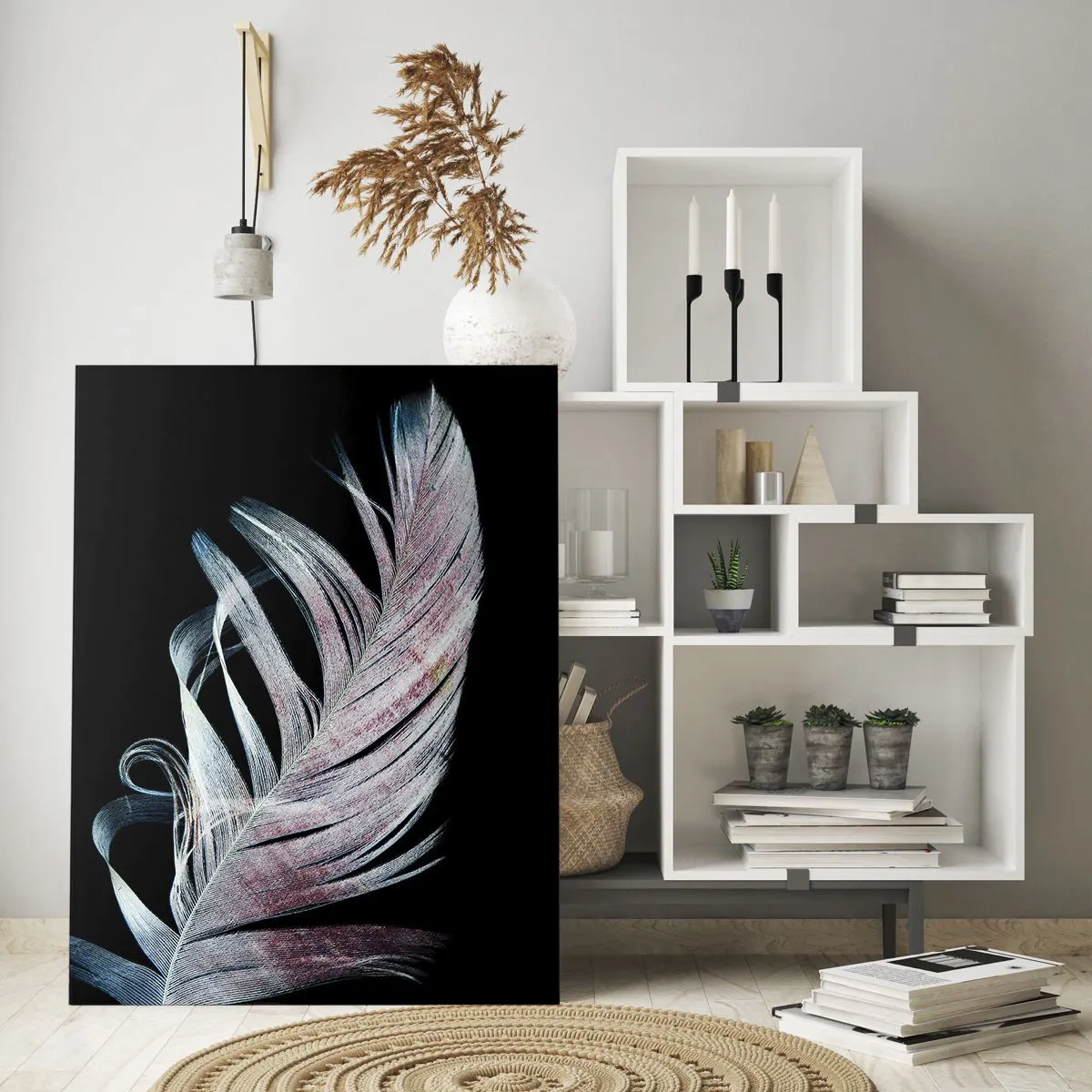 Obraz na szkle - Delikatne pióro na czarnym tle w artystycznym ujęciu - 80x120cm - Pomyśl o dotyku - Nowoczesna dekoracja ścienna do salonu i sypialni ARTTOR