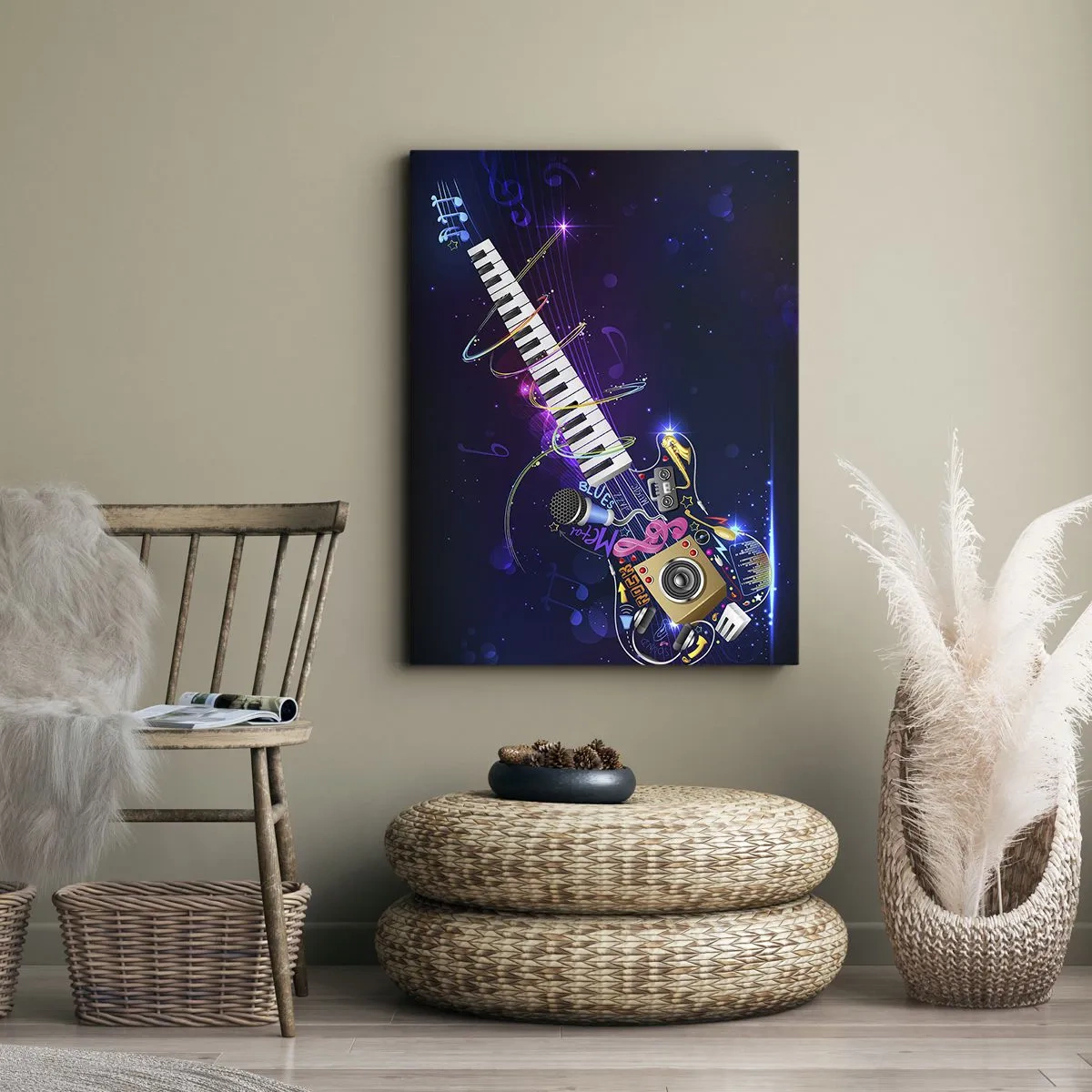 Obraz na płótnie - Abstrakcyjna kompozycja muzyczna z gitarą i klawiszami - 50x70cm - I wszystko gra - Nowoczesna dekoracja ścienna do salonu, kuchni i sypialni ARTTOR