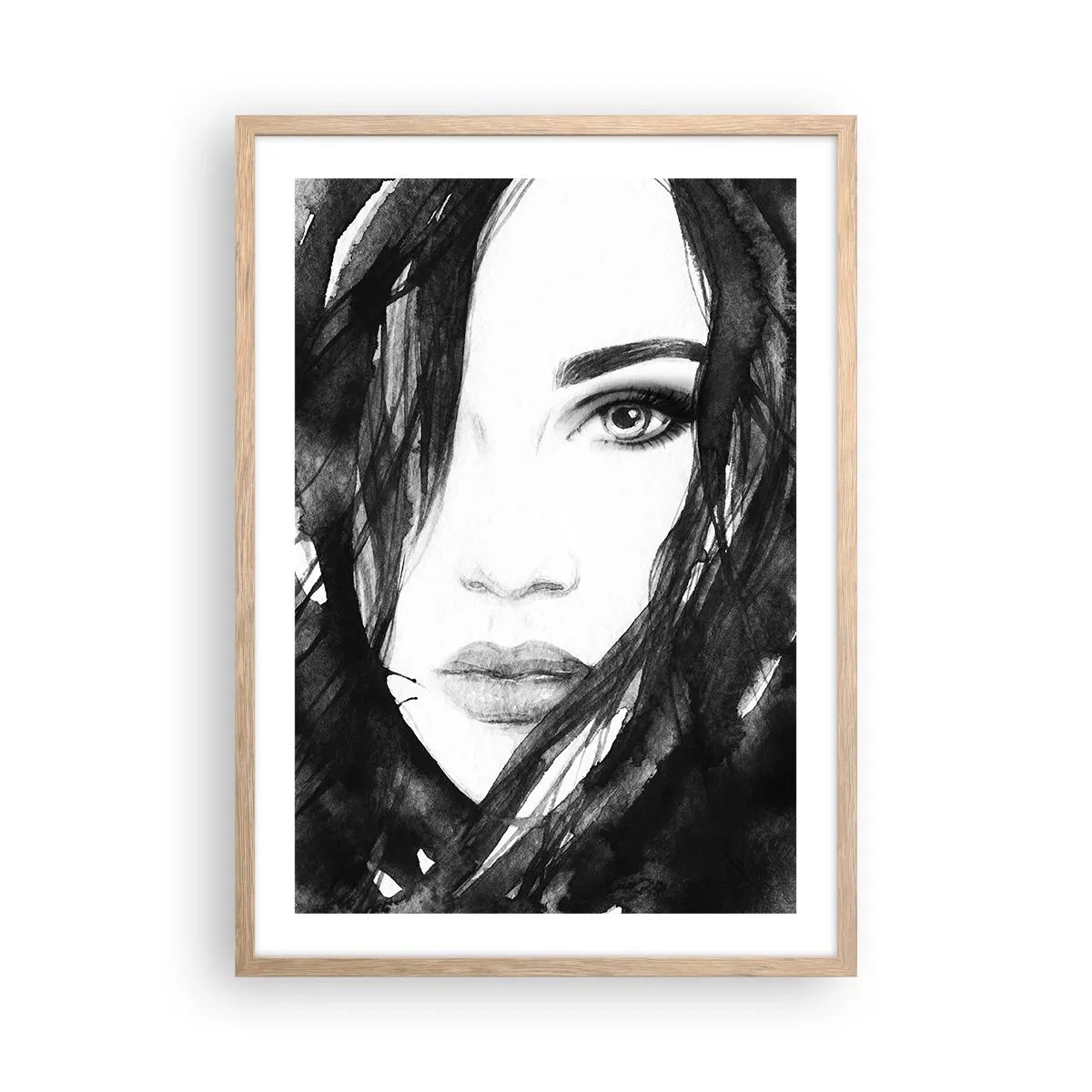 Plakat w ramie jasny dąb - Portret damy w czerni i bieli - 50x70 cm