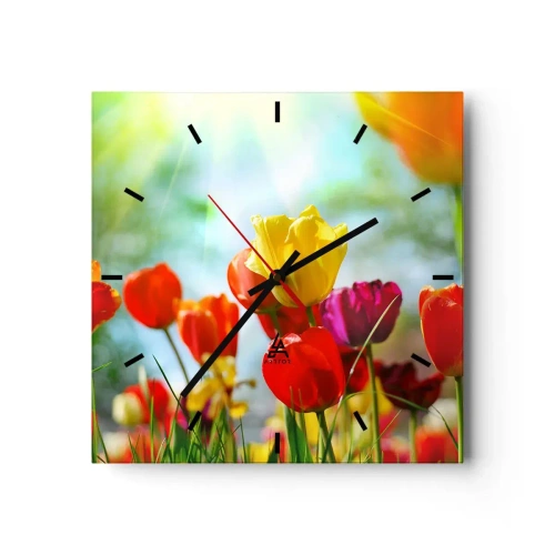 Zegar ścienny - Kolorowe tulipany w promieniach słońca - 30x30cm - Wszystkie barwy słońca - Nowoczesna dekoracja ścienna do salonu i sypialni ARTTOR