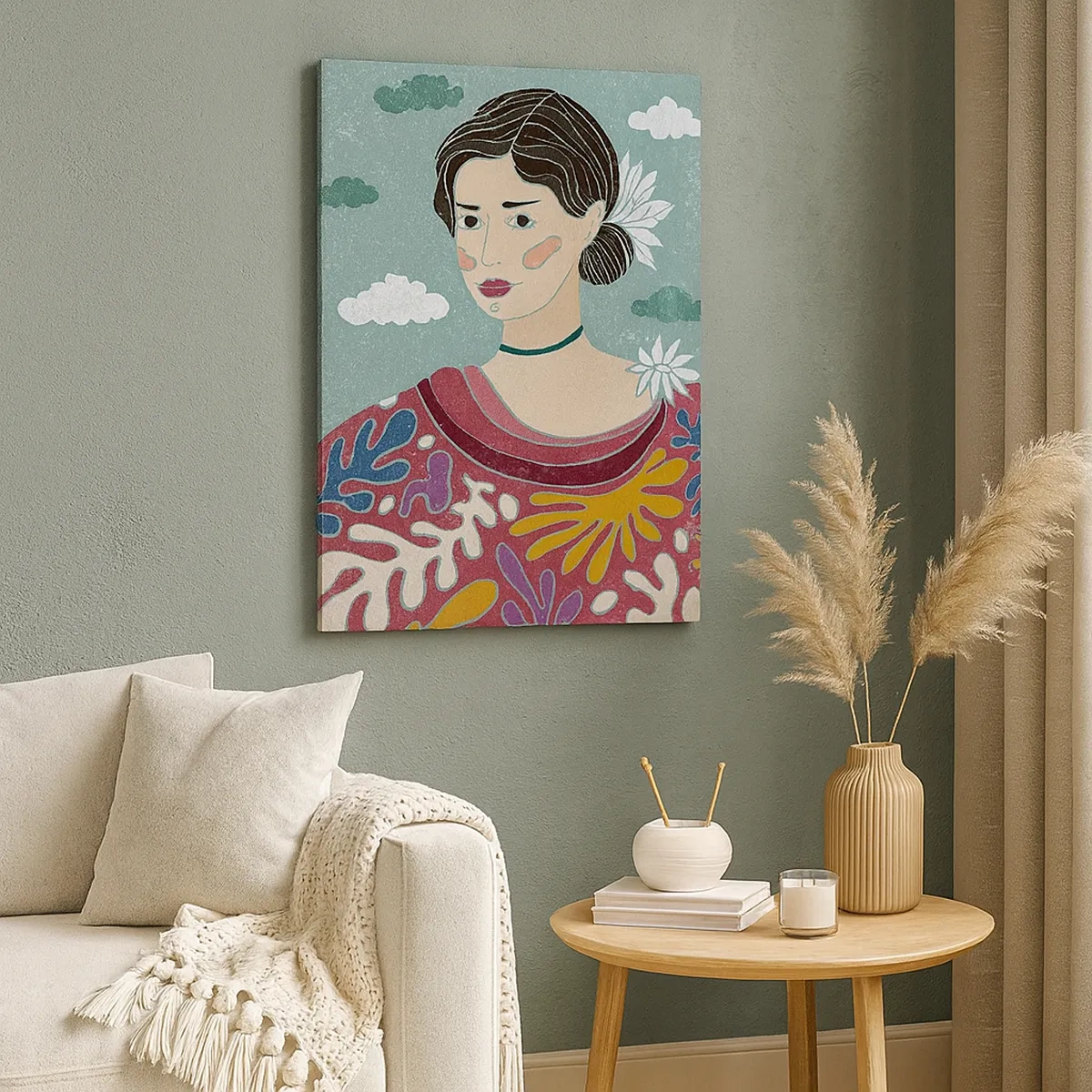 Obraz na płótnie - Portret kobiety w artystycznym stylu z florystycznymi wzorami na tle chmur - 50x70cm - Z melancholią w spojrzeniu - Nowoczesna dekoracja ścienna do salonu, kuchni i sypialni ARTTOR