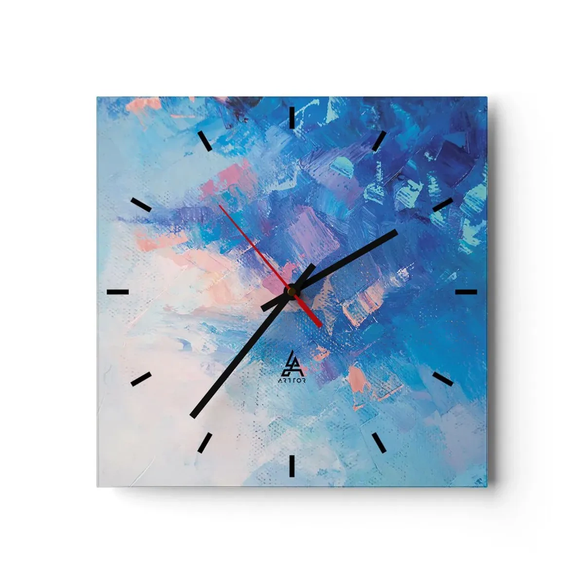 Zegar ścienny - Abstrakcyjna kompozycja w odcieniach błękitu i różu - 30x30cm - Zimowa abstrakcja - Nowoczesna dekoracja ścienna do salonu i sypialni ARTTOR