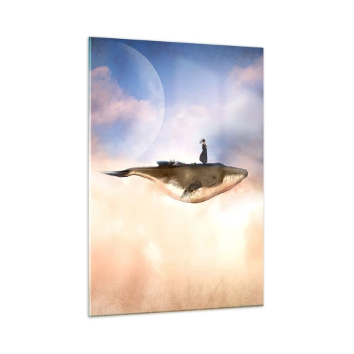 Obraz na szkle - Fantazyjny wieloryb unoszący się w chmurach z kobietą na grzbiecie - 50x70cm - Nadrealna podróż - Nowoczesna dekoracja ścienna do salonu, kuchni i sypialni ARTTOR