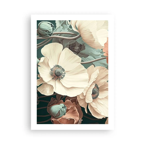 Plakat - Delikatne kwiaty w pastelowych odcieniach na ciemnym tle - 50x70cm - Szept maków - Nowoczesna dekoracja ścienna do salonu, kuchni i sypialni ARTTOR