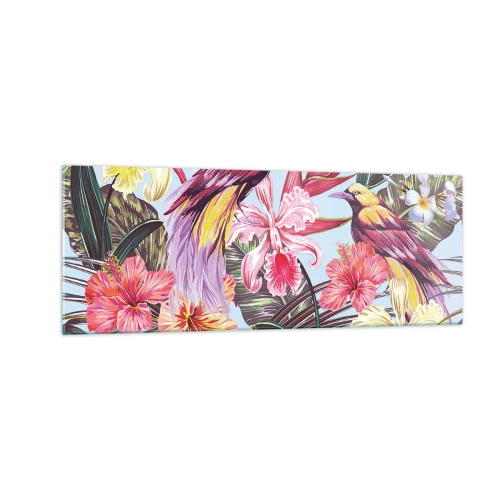 Obraz na szkle - Egzotyczne ptaki wśród tropikalnych kwiatów - 140x50cm - Płatki i piórka - Nowoczesna dekoracja ścienna do salonu i sypialni ARTTOR