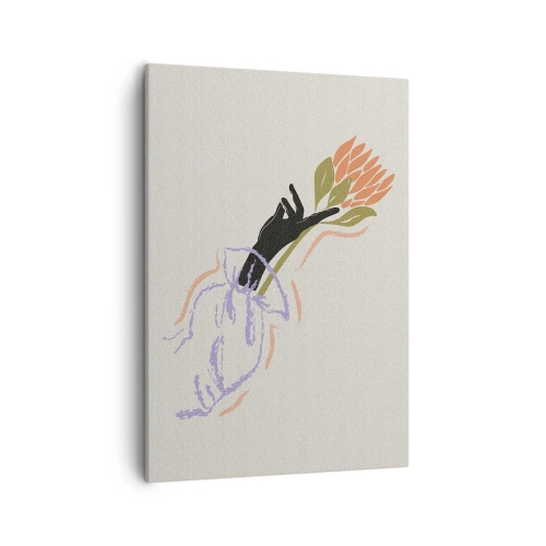 Obraz na płótnie - Minimalistyczny rysunek dłoni trzymającej bukiet kwiatów w pastelowych barwach - 50x70cm - Siostrzany dotyk - Nowoczesna dekoracja ścienna do salonu, kuchni i sypialni ARTTOR