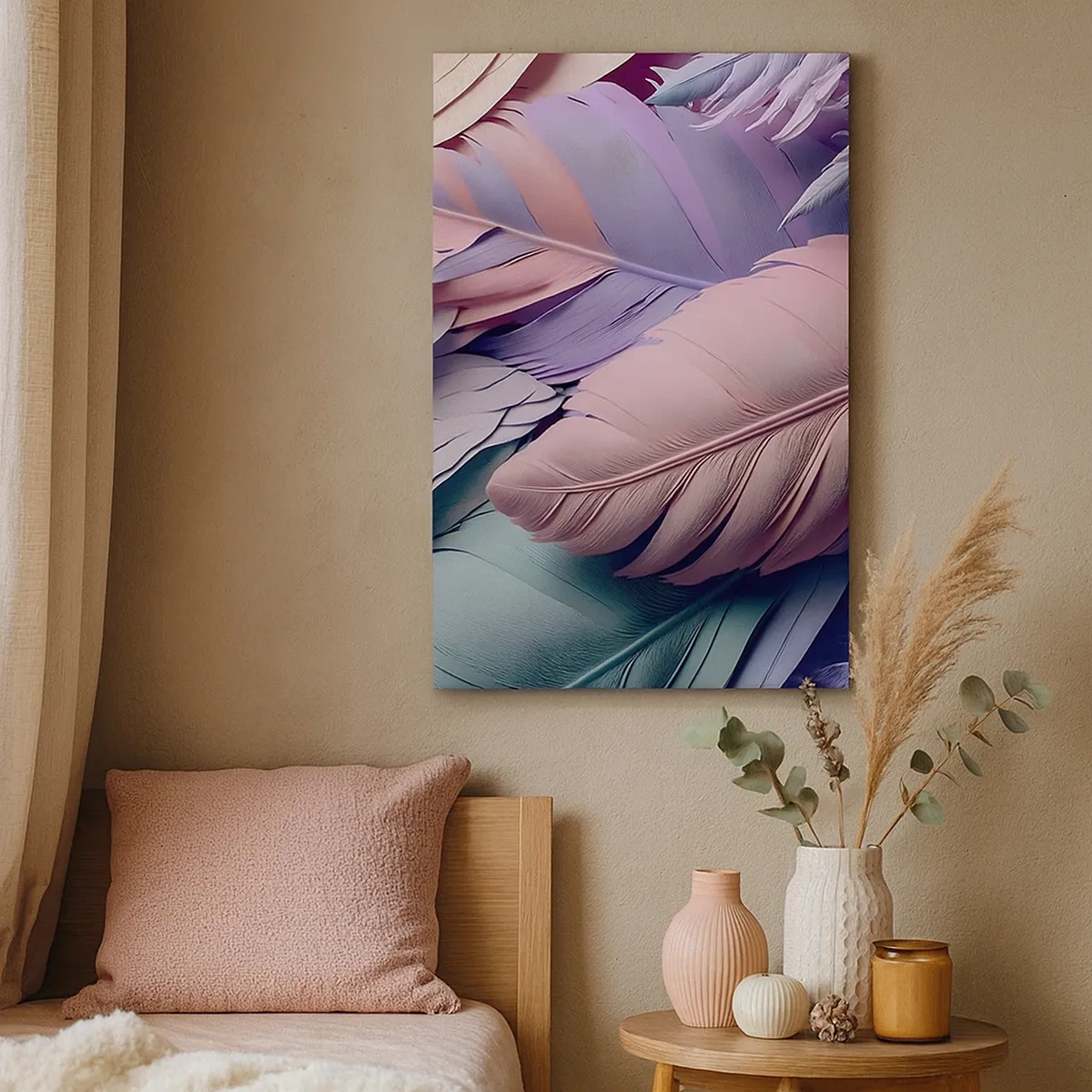 Obraz na płótnie - Delikatne pastelowe pióra w odcieniach różu, fioletu i turkusu - 50x70cm - Ptasi szyk - Nowoczesna dekoracja ścienna do salonu, kuchni i sypialni ARTTOR