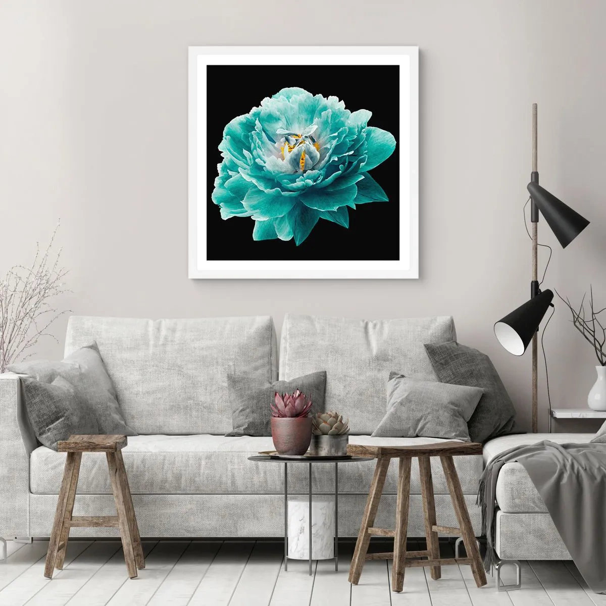 Plakat w białej ramie - Płatki błękitne i złote - 30x30 cm