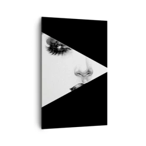 Obraz na płótnie - Czarno-biała ilustracja kobiecej twarzy ukrytej za geometrycznym kształtem - 80x120cm - Zawsze nieodkryta - Nowoczesna dekoracja ścienna do salonu i sypialni ARTTOR