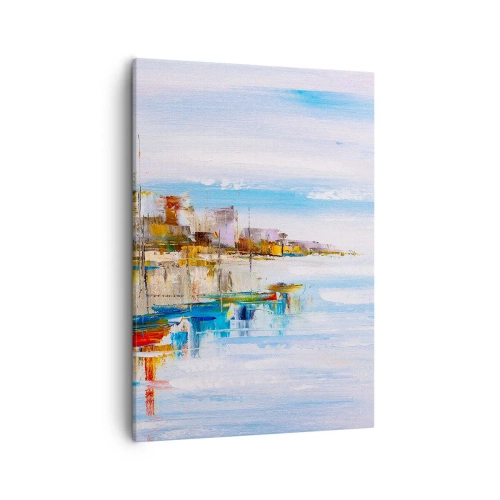 Obraz na płótnie - Abstrakcyjne przedstawienie miasta odbijającego się w wodzie - 50x70cm - Wielobarwna miejska przystań - Nowoczesna dekoracja ścienna do salonu, kuchni i sypialni ARTTOR