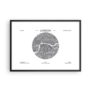 Plakat w czarnej ramie - Minimalistyczna mapa Londynu w czarno-białej kolorystyce z precyzyjnymi detalami - 70x50cm - Anatomia Londynu - Nowoczesna dekoracja ścienna do salonu i sypialni ARTTOR