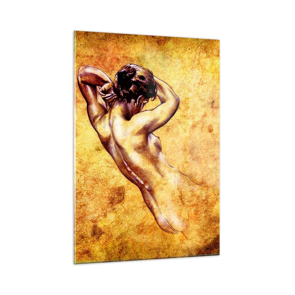Obraz na szkle - Artystyczna postać mężczyzny na tle w stylu vintage - 50x70cm - Odkryta, ale wciąż tajemnica - Nowoczesna dekoracja ścienna do salonu, kuchni i sypialni ARTTOR