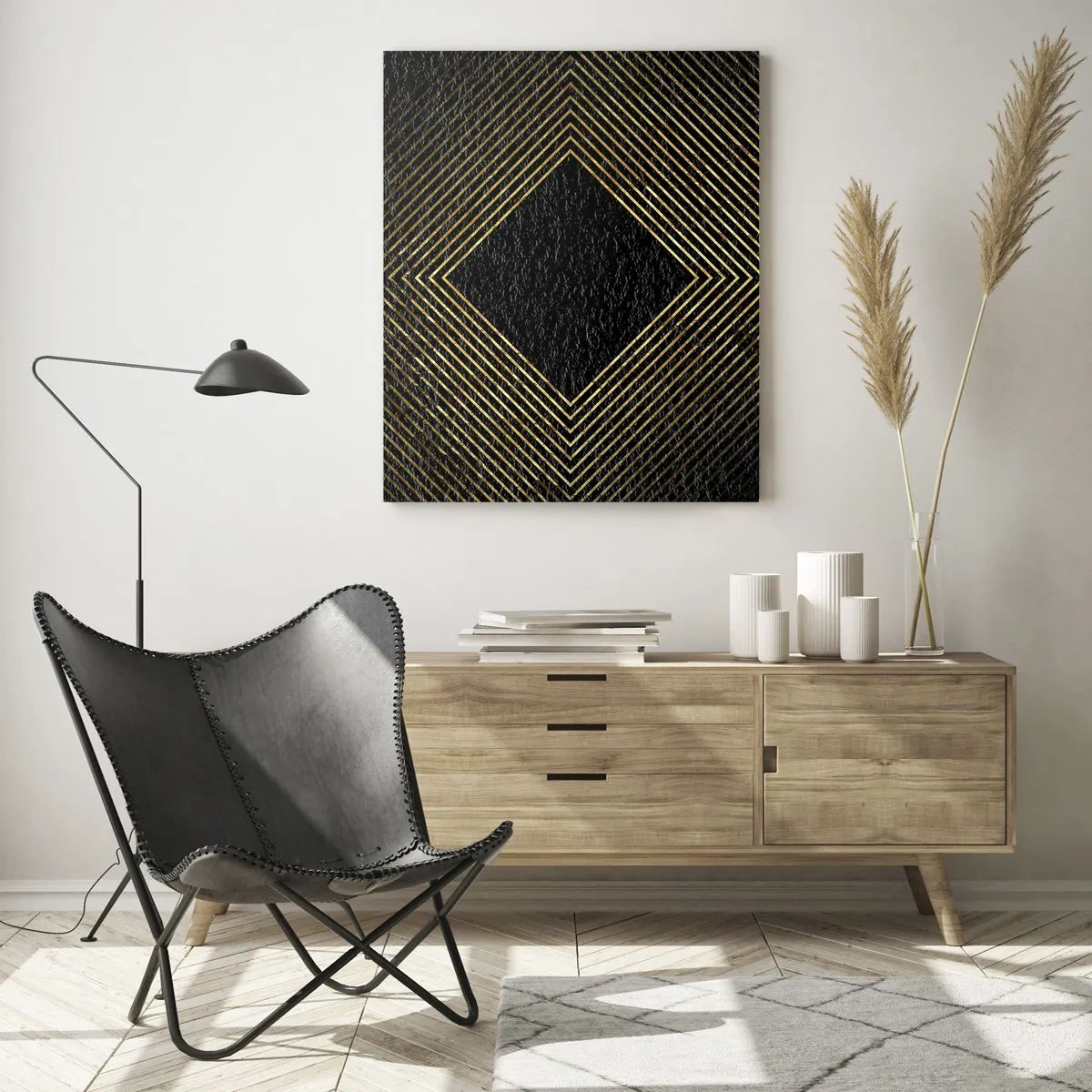 Obraz na szkle - Złoty diament z geometrycznymi liniami na czarnym tle - 50x70cm - Geometria w stylu glamour - Nowoczesna dekoracja ścienna do salonu, kuchni i sypialni ARTTOR