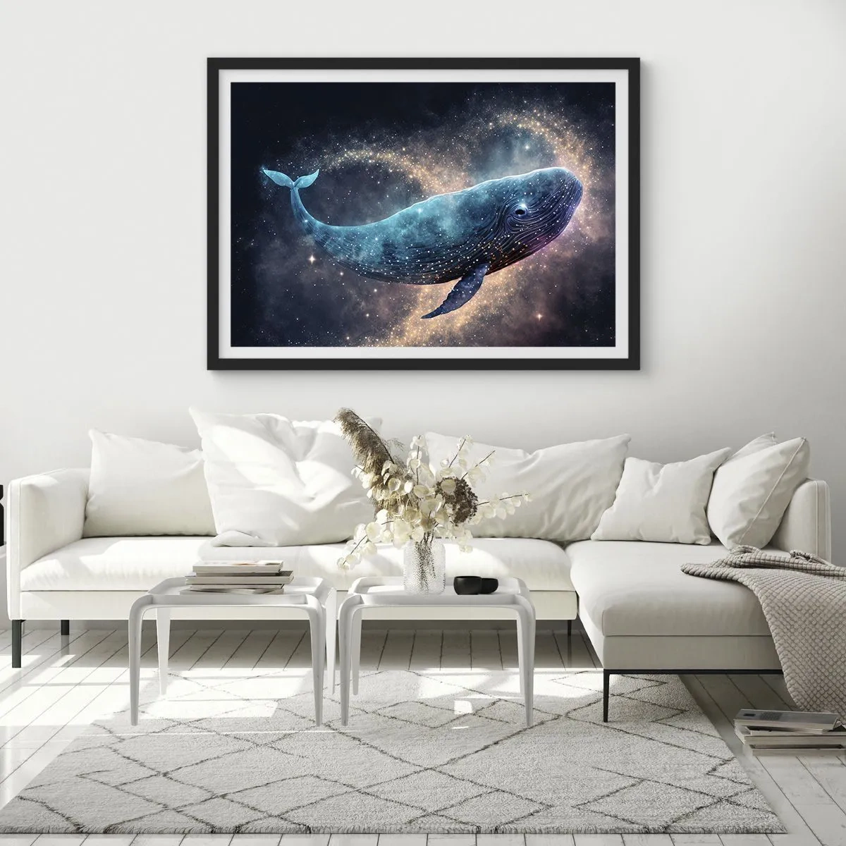 Plakat w czarnej ramie - Kosmiczny wieloryb na tle galaktyki - 70x50cm - Jest taki świat… - Nowoczesna dekoracja ścienna do salonu i sypialni ARTTOR