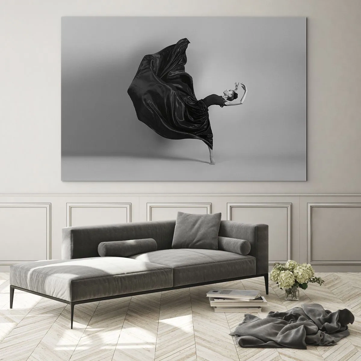 Obraz na szkle - Tancerka w czarnej sukni unosząca się dynamicznie w powietrzu - 70x50cm - Uskrzydlona muzyką - Nowoczesna dekoracja ścienna do salonu i sypialni ARTTOR