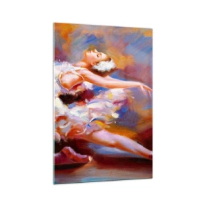 Obraz na szkle - Balerina w dynamicznej pozie wśród pastelowych barw - 70x100cm - Łabędzia gracja - Nowoczesna dekoracja ścienna do salonu i sypialni ARTTOR