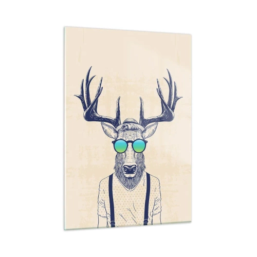 Obraz na szkle - Elegancki jeleń w okularach przeciwsłonecznych na jasnym tle - 50x70cm - A kogo się spodziewałeś? - Nowoczesna dekoracja ścienna do salonu, kuchni i sypialni ARTTOR