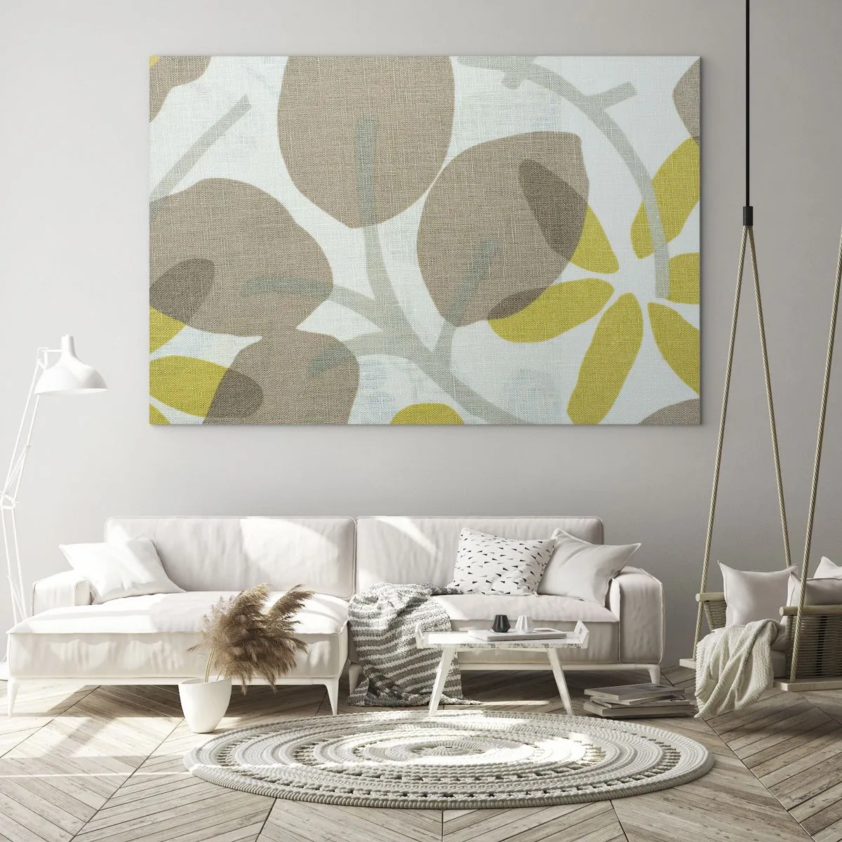 Obraz na szkle - Stylizowane liście i kwiaty w pastelowych beżach i żółciach - 70x50cm - Kompozycja w pełnym słońcu - Nowoczesna dekoracja ścienna do salonu i sypialni ARTTOR