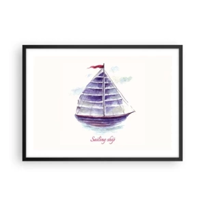 Plakat w czarnej ramie - Akwarelowy obraz żaglówki na wodzie z delikatnym napisem - 70x50cm - Pełnych żagli i spokojnej wody - Nowoczesna dekoracja ścienna do salonu i sypialni ARTTOR