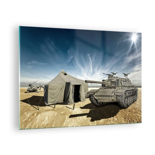 Obraz na szkle - Czołg i namiot na pustynnym tle pod błękitnym niebem - 70x50cm - Militarny sen - Nowoczesna dekoracja ścienna do salonu i sypialni ARTTOR