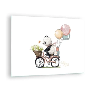 Obraz na szkle - Panda jadąca na rowerze z balonami i koszykiem kwiatów - 70x50cm - Szczęśliwy dzień - Nowoczesna dekoracja ścienna do salonu i sypialni ARTTOR