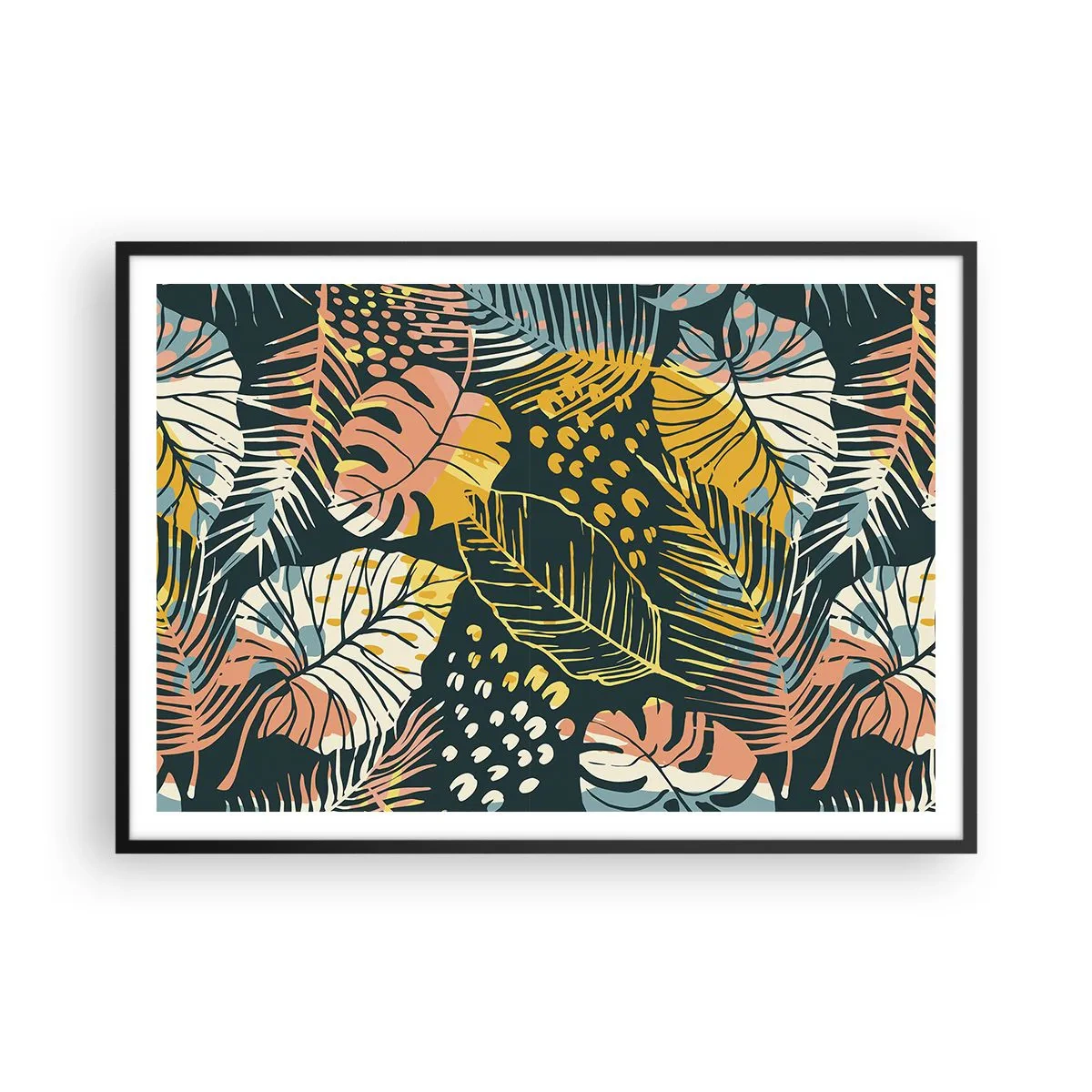 Plakat w czarnej ramie - Kolorowe liście na ciemnym tle - 100x70cm - Liściasta fantazja - Nowoczesna dekoracja ścienna do salonu i sypialni ARTTOR