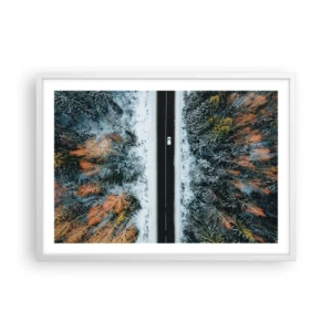 Plakat w białej ramie - Przeciąć zimowy las - 70x50 cm