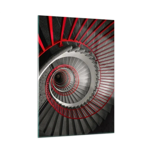 Obraz na szkle - Spiralne schody z czerwonymi poręczami w perspektywie - 50x70cm - Zabawy architektury - Nowoczesna dekoracja ścienna do salonu, kuchni i sypialni ARTTOR