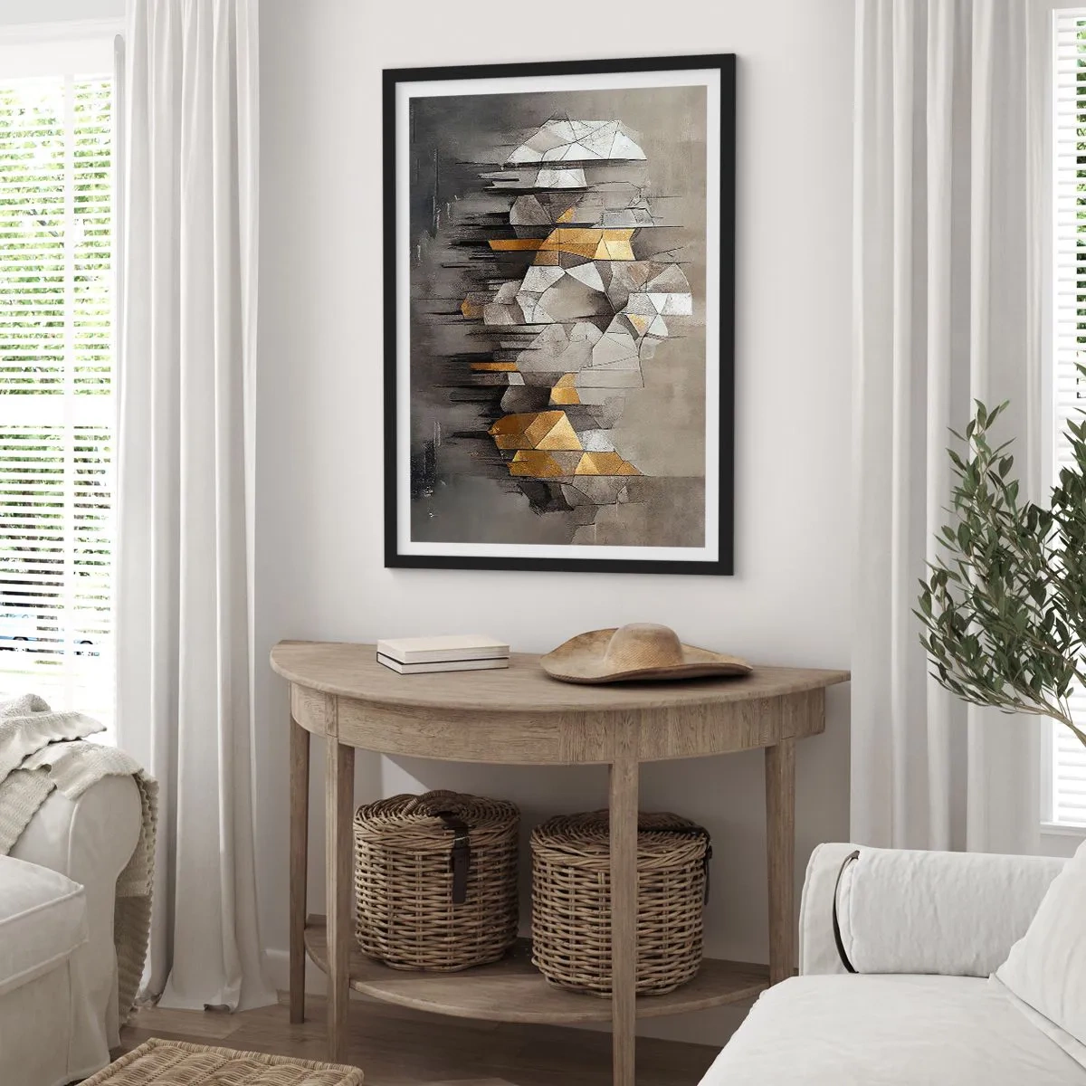 Plakat w czarnej ramie - Geometryczna abstrakcja w odcieniach szarości i złota - 50x70cm - Kompozycja z lodu i światła - Nowoczesna dekoracja ścienna do salonu i sypialni ARTTOR