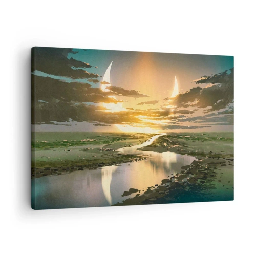 Obraz na płótnie - Fantastyczny krajobraz z dwoma księżycami na horyzoncie - 70x50cm - Gdzieś w odległej galaktyce - Nowoczesna dekoracja ścienna do salonu i sypialni ARTTOR