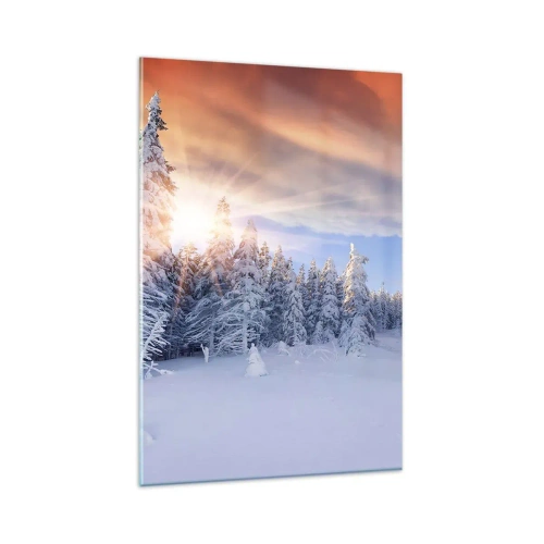 Obraz na szkle - Zimowy krajobraz z ośnieżonym lasem o zachodzie słońca - 80x120cm - Snieżny spektakl natury - Nowoczesna dekoracja ścienna do salonu i sypialni ARTTOR