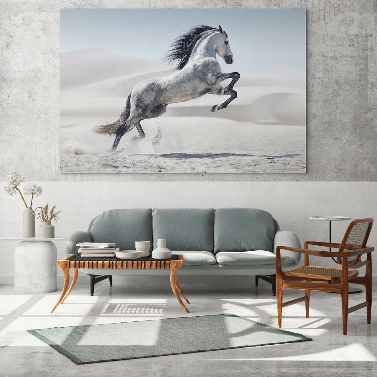 Obraz na szkle - Biały koń skaczący na tle pustynnych wydm - 70x50cm - Arabski książę - Nowoczesna dekoracja ścienna do salonu i sypialni ARTTOR