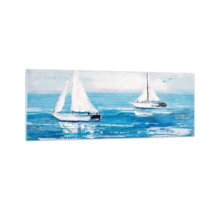 Obraz na szkle - Jachty na błękitnym morzu w artystycznym stylu - 140x50cm - Z przyjacielem u boku - Nowoczesna dekoracja ścienna do salonu i sypialni ARTTOR