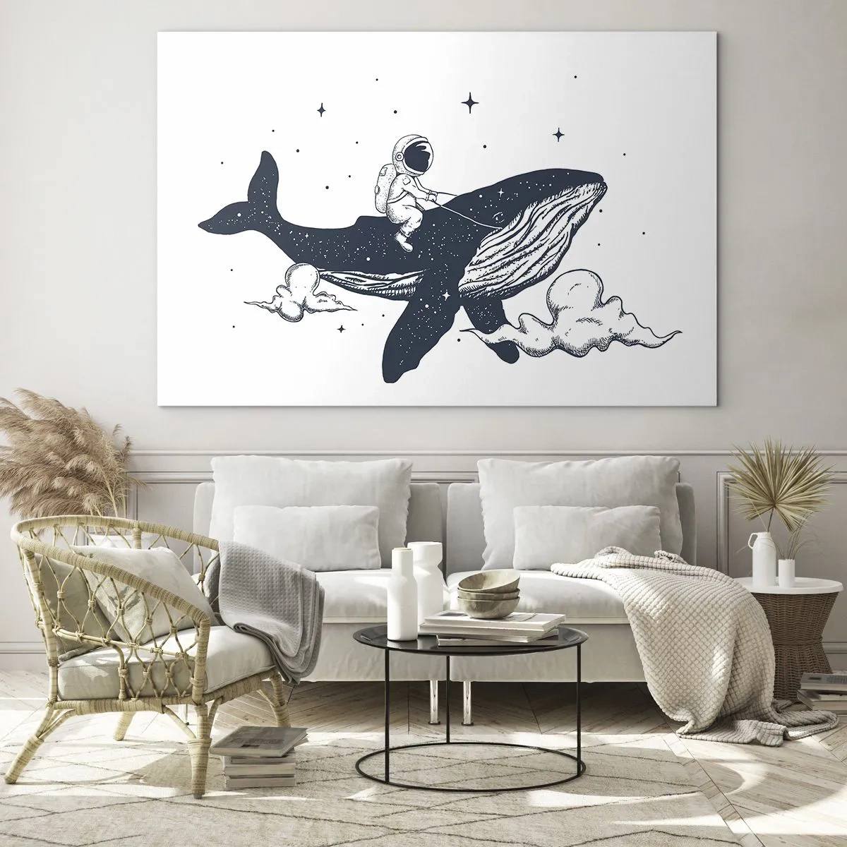 Obraz na szkle - Astronauta jadący na wielorybie wśród gwiazd i chmur - 70x50cm - Kosmiczna przygoda - Nowoczesna dekoracja ścienna do salonu i sypialni ARTTOR